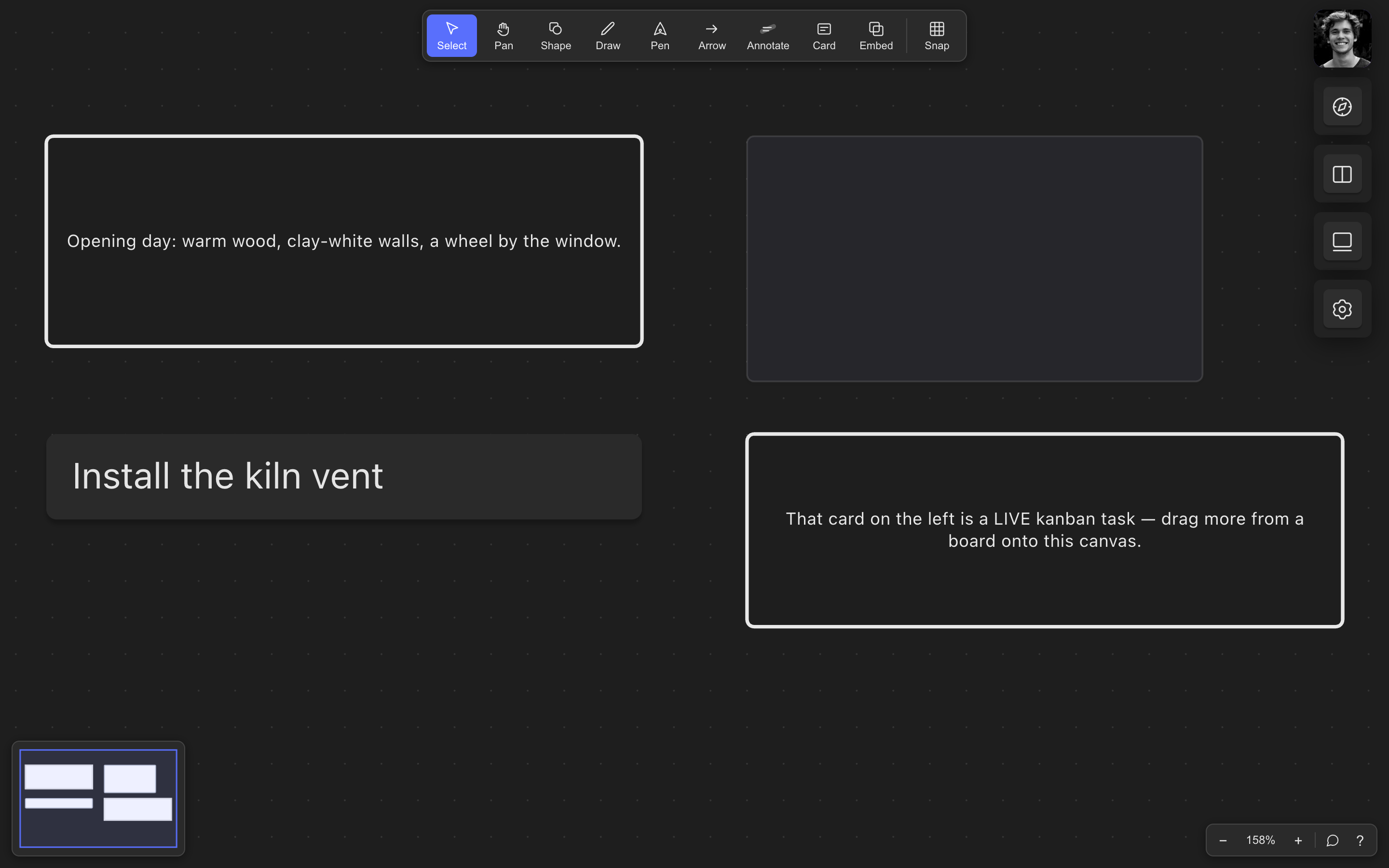 Quest canvas with vision shapes and a live embedded kanban task