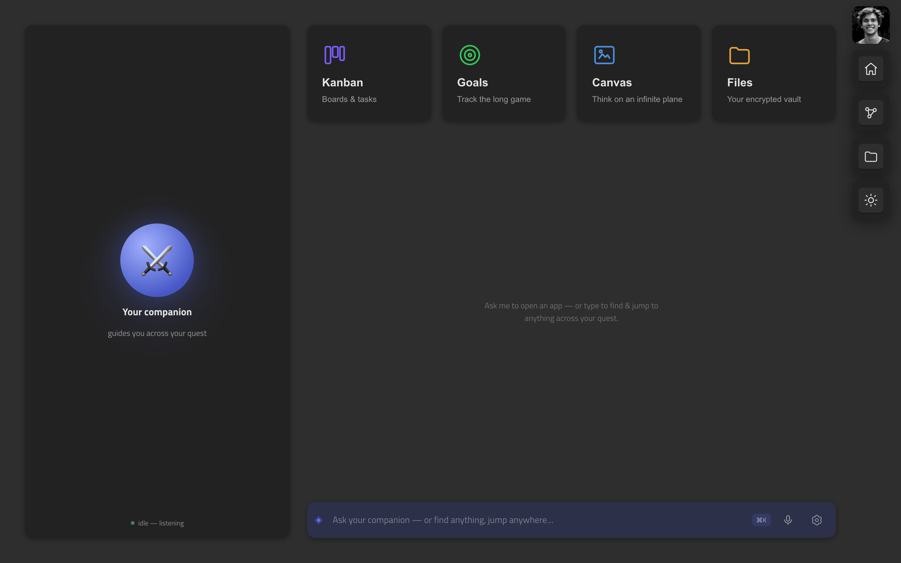 The Quest hub: companion stage on the left, app tiles for kanban, goals, canvas and the encrypted vault