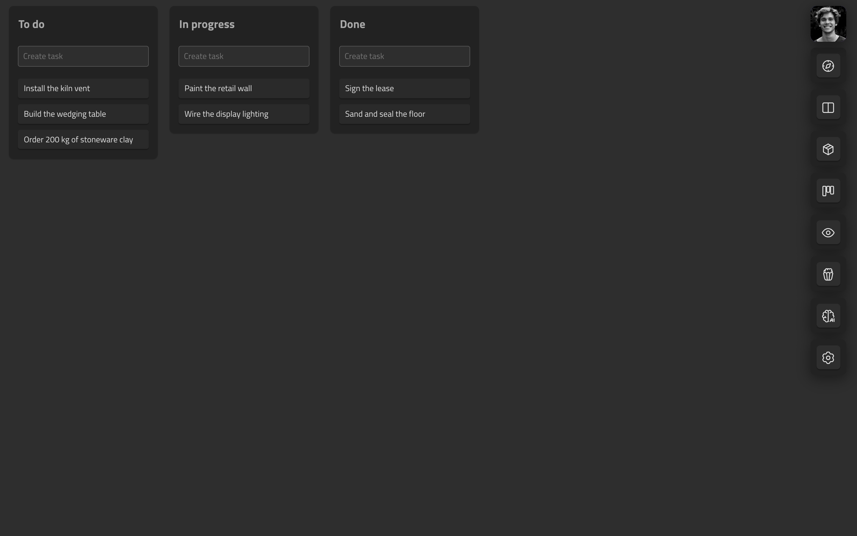 Quest kanban board with To do, In progress and Done columns mid-project